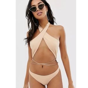 ASOS Cross Neck Strappy One Piece High Leg Swimsuit In Light Mink